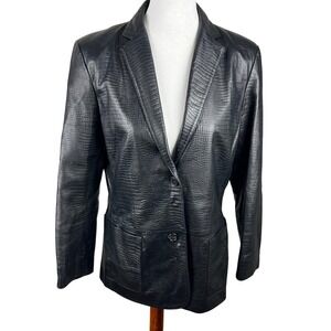 Ralph Lauren Black Leather Blazer Jacket Crocodile Embossed Womens M